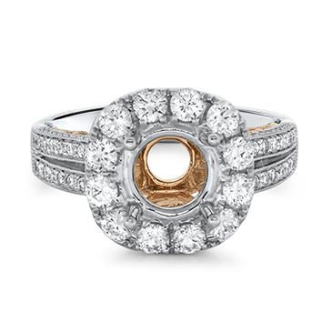 Prima Diamond Cushion Halo Eng Ring With Rose Gold Side Scroll