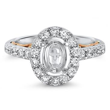 Prima Diamond Oval Halo Eng Ring with RG side Scroll