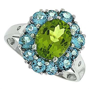 Prima Diamond, Peridot And Blue Topaz Ring